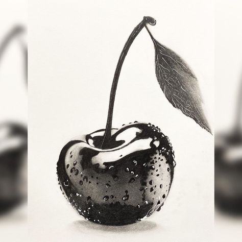 Pencil Drawing Realistic Objects, Fruit Art Sketch, Charcoal Art Realistic, Tonal Drawing Easy, Pencil Drawings Shading, Graphite Pencils Drawings, Cherry Fruit Drawing, Detailed Pencil Drawings, Pencil Fruit Drawing