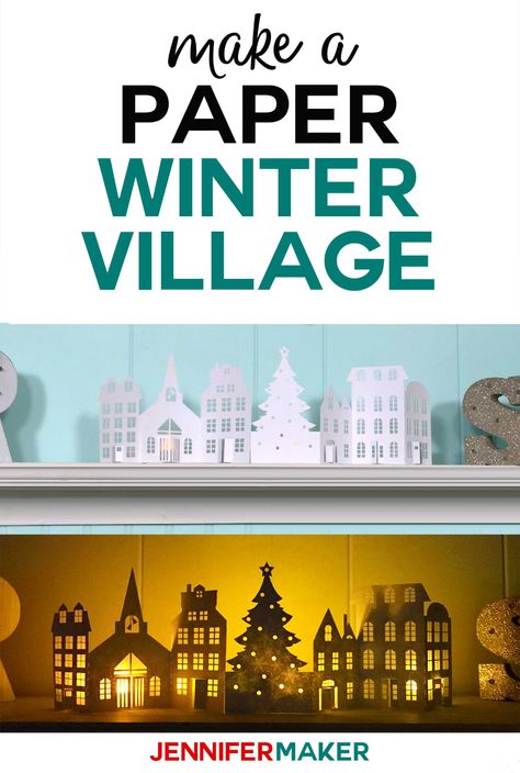 Make a Paper Christmas Village & Houses with this free pattern and SVG cut file for the Cricut! #christmas #papercraft #cricut #luminary #svgcutfile Paper Christmas Village, Diy Christmas Village Houses, Christmas Papercraft, Jennifer Maker, 3d Templates, Diy Christmas Village, Sweet Paper, Christmas Village Houses, Winter Village