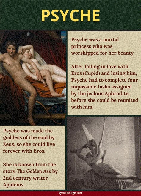 Psyche would become the goddess of the soul in Greek mythology and the wife of Eros, the god of love. At the end of her story, she lived on Mount Olympus with the other gods, but she had to do many things to get there. Here’s a closer look at her myth. Greek Love Stories, Greek Mythology Love Stories, Psyche Goddess Of The Soul, Psyche Aesthetic Goddess, Cupid God Greek Mythology, Psyche Goddess Aesthetic, Eros God Art, Greek Mythology Art Ancient Greece Aesthetic, Cupid Greek Mythology