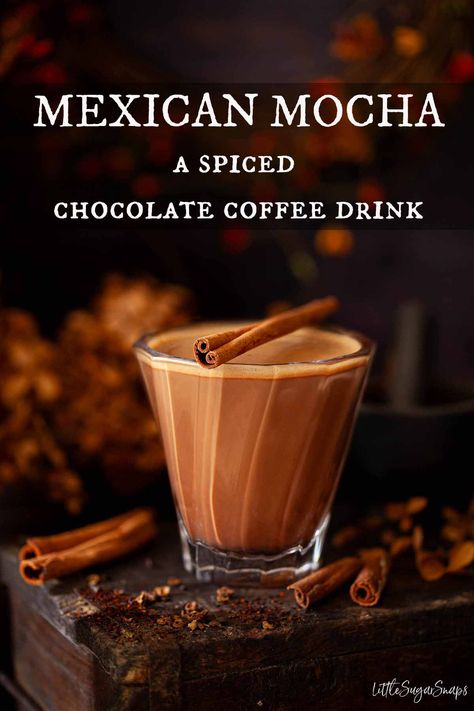 Mexican mocha is a playful and warming take on a classic mocha drink. This Latin-inspired spicy Aztec mocha is an exciting combination of coffee, chocolate and spices creating a deeply comforting drink with a kick of chilli heat. Mexican Chocolate Coffee, Spicy Mocha Coffee, Spicy Mexican Coffee Recipe, Coffee With Alcohol Recipes, Spicy Mocha Recipe, Mezcal Hot Chocolate, Drinks With Coffee, Spicy Coffee, Molasses Drink Recipes