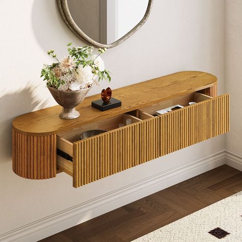 Floating Console Table, Floating Console, Entry Way Decor, Elegant Console Table, Console Table With Drawers, Table With Drawers, Entryway Ideas, Wood Console, Practical Storage