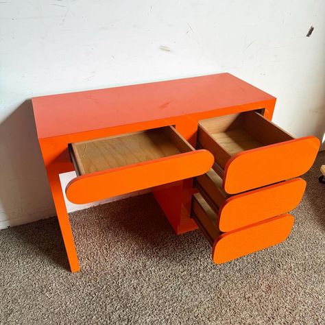 Add a vibrant splash of color to your workspace with this Postmodern Orange Lacquer Writing Desk. Featuring a striking orange laminate… | Instagram Orange Bedroom Ideas, Computer Writing, Writing Materials, Colorful Desk, Orange Bedroom, Bold Aesthetic, Writing Desks, Study Area, Bedroom Color