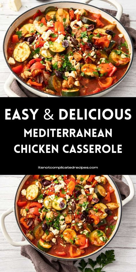 If you feel the need for comfort food that is quick and easy to prepare, look no further than this full-of-flavour Mediterranean Chicken Casserole. This one-pot meal is easy enough for a weeknight or ideal for relaxed weekend entertaining. As a bonus, it can be made ahead of time. Be certain, your family and friends will love it. One Pot Mediterranean Diet Recipes, Mediterranean Diet Recipes For Crock Pot, Mediterranean For A Crowd, Easy Eats Dietician, Mediterranean Chicken One Pan, Weekend Cooking Ideas, Mediterranean Shredded Chicken, Rotisserie Chicken Recipes Mediterranean, Mediterranean Diet Casseroles