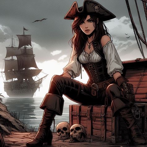 Pirates Clothes Female, Pirate Captain Woman, Woman Sailor Costume, Steampunk Pirate Aesthetic, Pirate Captain Female, Pirate Girl Drawing, Pirate Clothes Female, Pirate Female Art, Female Pirate Oc