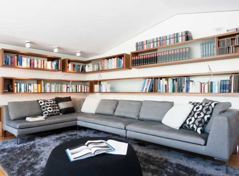 Shelves Over Couch, Best Sectional Couches, Shelves Above Couch, Behind Sofa, Modern Family Rooms, Bookshelves In Living Room, Above Couch, Bookshelf Design, Livingroom Layout