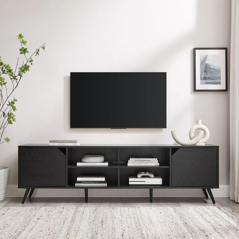 Middlebrook Designs Mid-Century Modern 70-inch TV Stand - Bed Bath & Beyond - 37717824 Small Living Room Wall Decor, Tv Setup Ideas, Black Tv Console, Blue And Gold Living Room, Wall Decor Simple, 70 Inch Tv Stand, Room Tv Stand, Tv Wall Ideas, Black Tv Stand