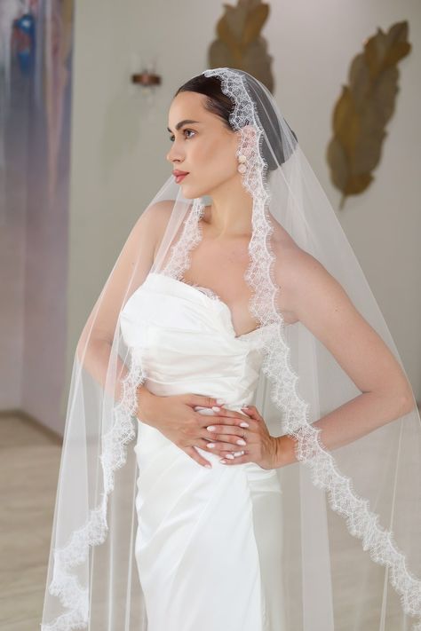 Mantilla Lace Veil, Lace Edge Wedding Veil, Classic Veil With Lace, Lace Bridal Veil, Mantilla Veil, One Tier Veil With Lace, Veil With Lace - Etsy Classic Veil, Lace Mantilla Veil, Veil With Lace, Veil Mantilla, Lace Veils Bridal, Mantilla Veil, Veil Lace, Lace Veil, Catholic Wedding