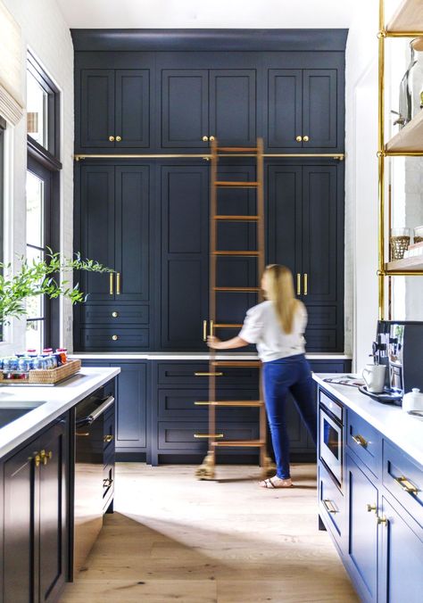 Rolling Kitchen Ladders Add Extra Square Footage Kitchen Ladder, Clutter Free Kitchen, Ladder Storage, Library Ladder, Kitchen Storage Space, All White Kitchen, Butlers Pantry, Tidy Kitchen, A Ladder