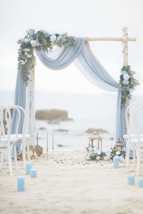 Dusty Blue And Navy, Baby Blue Weddings, Blue Beach Wedding, Blue Wedding Decorations, Wedding Setup, Light Blue Wedding, Wedding Arch Flowers, Arch Decoration, Arch Flowers