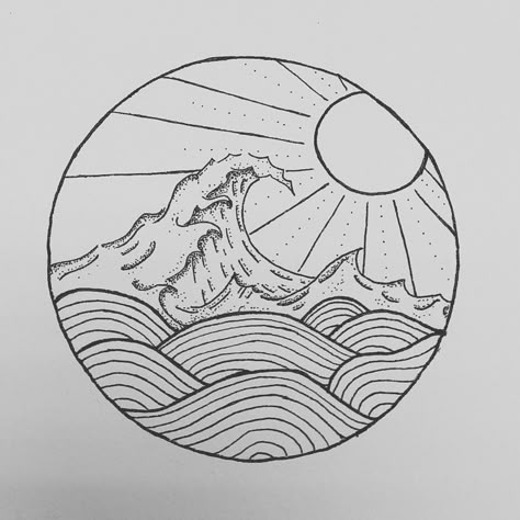 Wave Sun Tattoo Circle, Simple Ocean Drawing Ideas, Beach Wave Drawing, Ocean Art Simple, Simple Wave Illustration, Easy Wave Drawing Simple, Simple Sea Drawing, Ocean Simple Drawing, Waves Simple Drawing