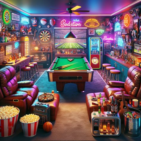 Unwind in this lively man cave featuring a pool table, plush leather recliners & sports décor. Neon signs emit a warm glow over the completely stocked bar & giant TV, while a popcorn machine sits beside a snack-filled mini-fridge. A guitar stand and a vintage jukebox punctuate this perfect sanctuary. #ManCave #HomeBar #GameRoom #SportsDecor #HomeEntertainment #LeisureSpace Game Room Design Ideas, Classy Man Cave, Classy Man, Leisure Space, Pool Room, Popcorn Machine, Pool Rooms, Guitar Stand, Unique House Design