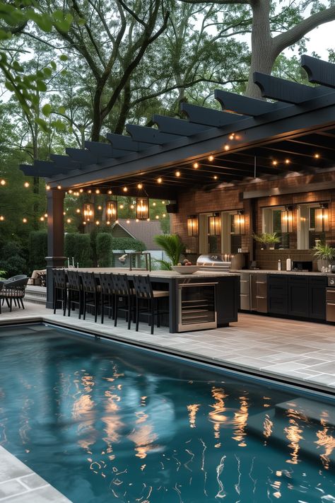 Outdoor Kitchen By Pool Ideas, Pool Kitchen Outdoor, Outdoor Kitchen Pool Area, Outdoor Kitchen Lighting Ideas, Florida Outdoor Kitchen, Florida Pool, Beautiful Outdoor Living Spaces, Beautiful Florida, Florida Weather