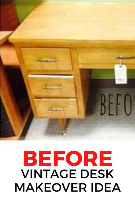 If you happen to find a vintage desk in your local thrift store or flea market you'll want to grab one for your home office. This creative color combo is beautiful so  check out the before and after photos for some upcyling inspiration. #diy #desk #makeover Repurpose Old Desk Ideas, Old Desk Makeover Diy, Antique Desk Makeover, Diy Desk Makeover, Vintage Desk Makeover, Cedar Headboard, Desk Makeover Diy, Raw Wood Furniture, Chalk Paint Makeover