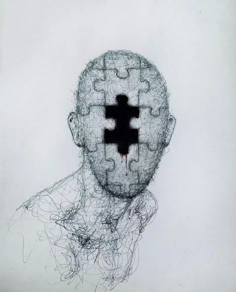 Puzzle Face Drawing, Messy Head Drawing, Inside Head Art, Brain Disorders Art, Misophonia Drawing, Art Ideas With Meaning, Disassociate Art Sketch, Psychoanalysis Art Drawings, Human Emotions Art