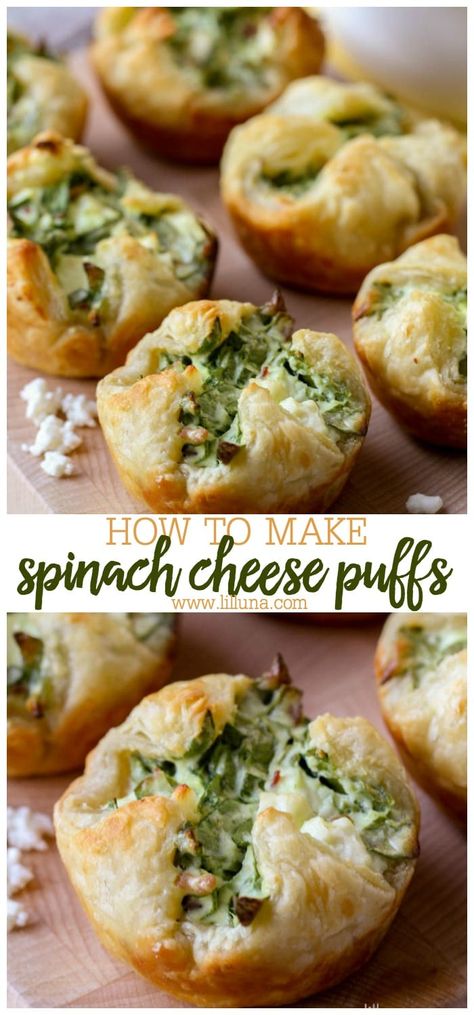 These puff pastry appetizers are filled with all the good stuff, including spinach, bacon bits and feta. As you can imagine, they are a hit at parties, and rightfully so! #spinachpuffs #cheesyspinachpuffs #spinach #appetizers #puffpastry Spinach Puffs Recipe, Spinach Cheese Puffs, Puff Pastry Recipes Appetizers, Spinach Puffs, Cheese Puffs Recipe, Spinach Puff Pastry, Spinach Puff, Puff Pastry Appetizers, Pastry Appetizer