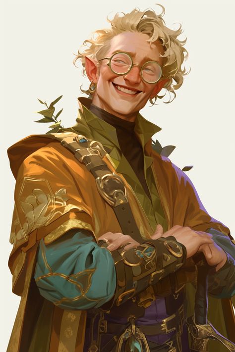 dnd portrait of a halfling cleric from the midwestern part of america, he's middle aged, vibrantly dressed, jovial and happy Dnd Human Male Middle Age, Interesting Dnd Characters, Vistani Character Art, Dnd Family Portrait, Inn Keeper Dnd, Dnd Charlatan, Dnd Sidekick, Mentor Character Design, Middle Aged Character Design