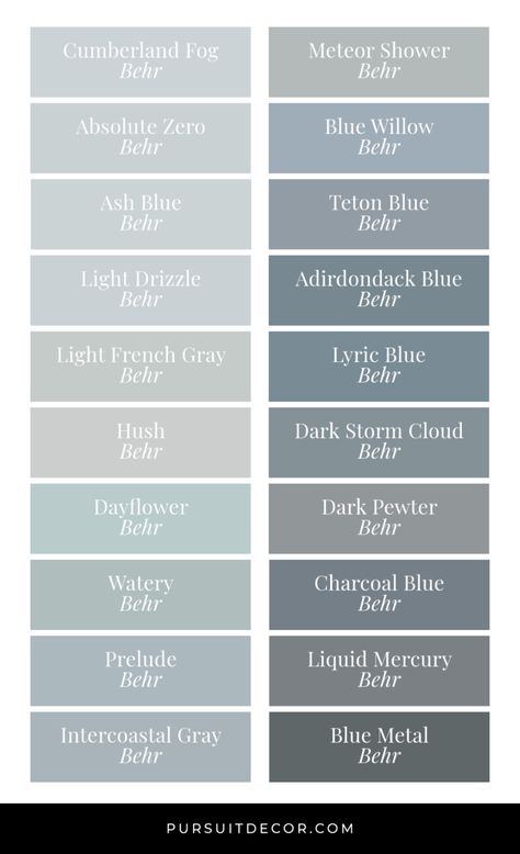 Best Behr Blue Gray Paint Colors for Cool Calming Vibes - Pursuit Decor Prelude Behr Paint, Drizzle Behr Paint Color, Behr French Gray, Beachy Blue Paint Colors Behr, Cumberland Fog Behr Paint, Light French Grey Behr, Grey Blue Paint Behr, Behr Ash Blue, Ash Blue Color Palette