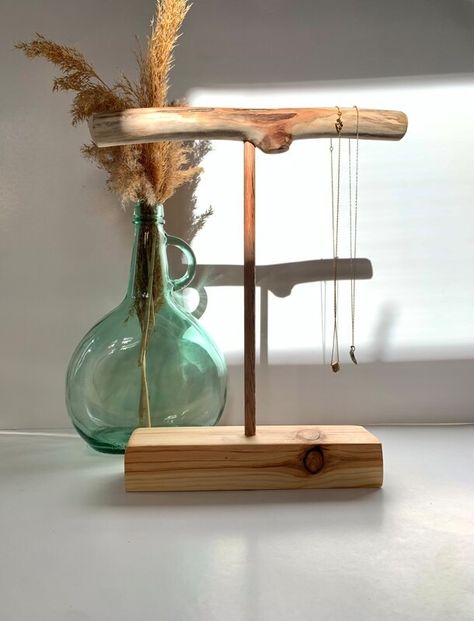 Driftwood Necklace Stand | Wood Necklace Display | MakerPlace by Michaels Simple Jewelry Stand, Driftwood Necklace Holder, Wood Jewellery Holder, Stand For Necklaces, Wooden Jewelry Stand Diy, Wooden Jewellery Stand, Table Top Jewelry Display, Necklace Display Ideas Diy, Necklace Stand Diy