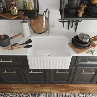 Sand & Stable Edgware 30" L x 20" W Farmhouse Kitchen Sink With Basket Strainer | Wayfair Kitchen Sink Stand, White Ceramic Kitchen Sink, Sink Stand, Single Sink Kitchen, Apron Kitchen Sink, Ceramic Kitchen Sinks, Farmhouse Kitchen Sink, Apron Sink Kitchen, Farmhouse Apron