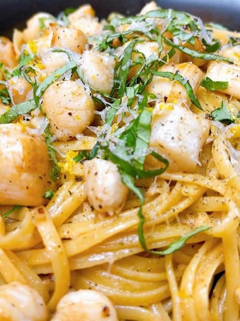 Scallops And Pasta Red Sauce, Scallop Spaghetti In White Wine Sauce, Scallop Mushroom Pasta, Frozen Bay Scallop Recipes, Bay Scallops And Pasta, Bay Scallop Pasta, Corn Scallop, Scallops With Pasta, Scallop Pasta Recipe