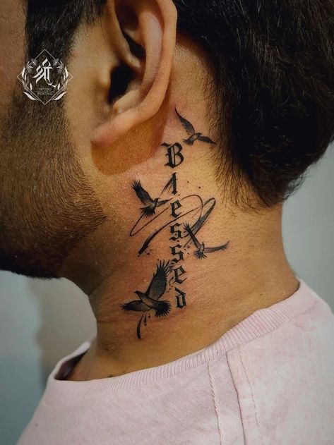 Neck tattoo _ blessed tattoo done at @shreetattoos (1) Blessed Neck Tattoo Men, Neck Tattoo With Name, Small Side Neck Tattoo, Unique Neck Tattoos For Men, Birds Neck Tattoo, Neck Tattoo For Guys Men, Tattoos For Neck, Blessed Tattoo For Men, Male Neck Tattoos