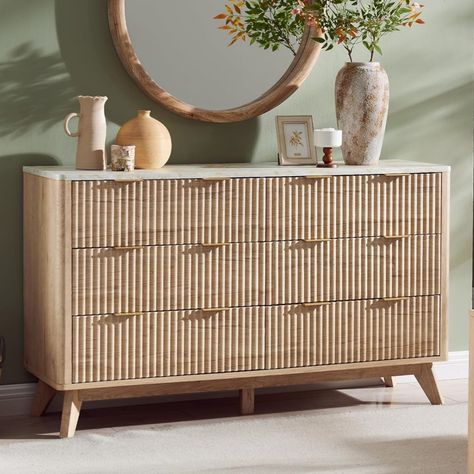 Open Menu Tan Dresser Furniture, Fluted Wood Dresser, Wayfair Dresser, Tan Cabinets, Dresser Wall Decor, Display Dresser, Fluted Dresser, Boho Dresser, Dresser Organizer