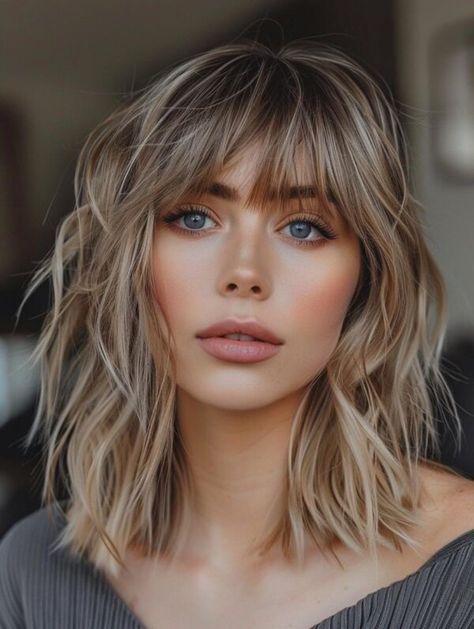 Short Choppy Bob With Curtain Bangs, Shadow Root With Bangs, Bangs In Your 40s, 2024 Bangs Trend, Blonde Balayage Bangs, Long Bob With Bangs Fine Hair, Voluminous Curtain Bangs, Lob With Fringe, Bangs 2024