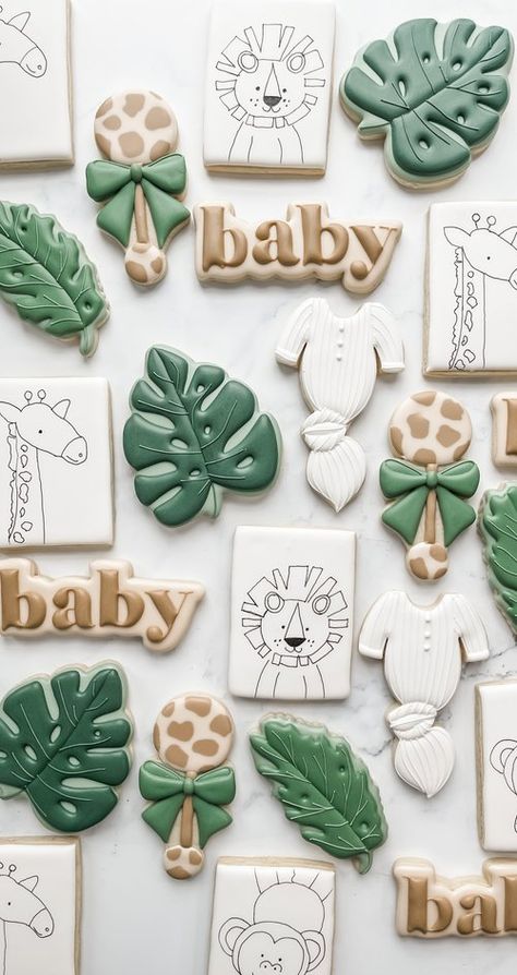 Safari Shower Ideas, Jungle Cookies, Safari Baby Shower Cake, Zoo Baby Shower, Wild Baby Shower, Giraffe Cookies, Kids Cookies, Safari Baby Shower Boy, Lion Baby Shower