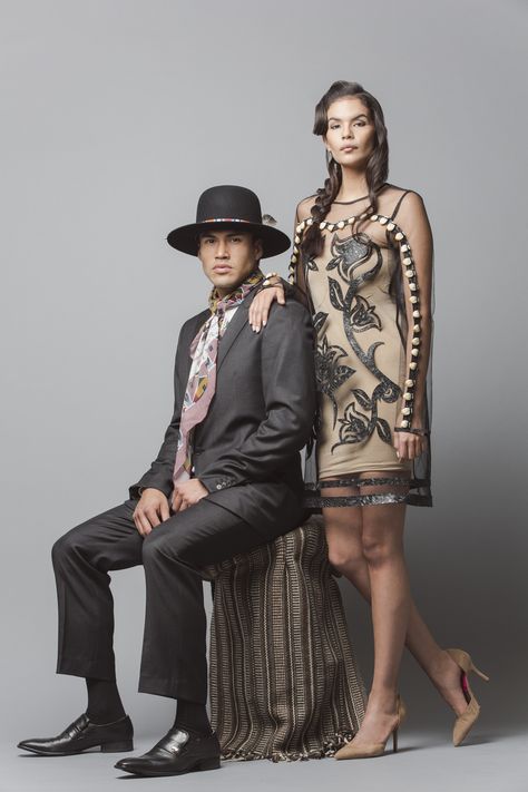 Models Martin Sensmeier and Jade Whillouby wear clothing from Los Angeles designer Bethany Yellowtail's b.yellowtail line from spring 2015. Native American Dress Modern, Indigenous Modern Fashion, Native American Modern Fashion, Native Fashion Modern, Modern Indigenous Fashion, Modern Native American Fashion, Jade Willoughby, Bethany Yellowtail, Native American Style Outfits