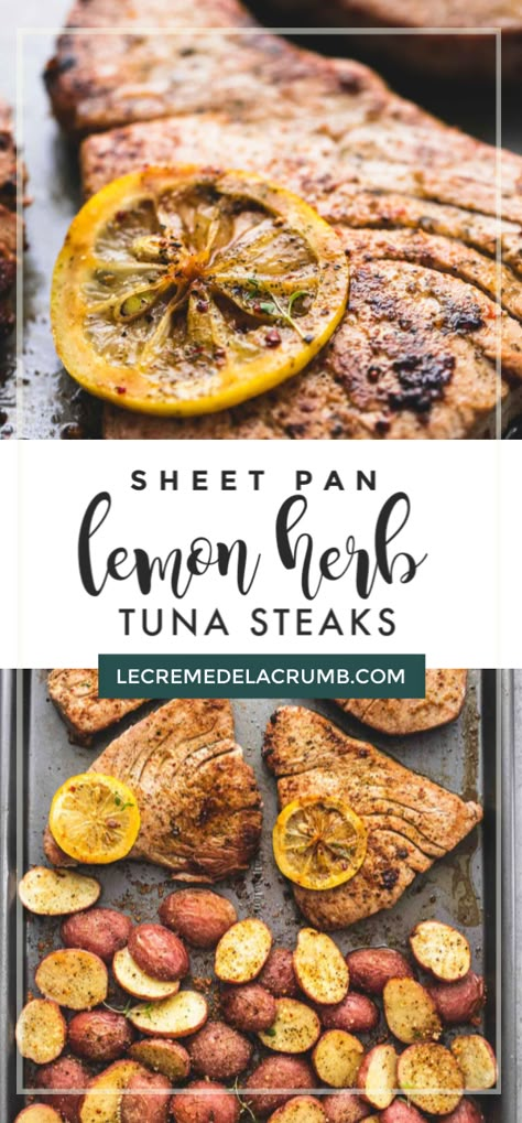 Lemon Pepper Tuna Steak, Tuna Steak Healthy Recipes, Sheet Pan Tuna Steak, Lemon Tuna Steak, Blue Fin Tuna Recipes Baked, Baked Tuna Recipes, Baked Tuna Steak Recipes, Recipe For Tuna Steaks, Mediterranean Tuna Steak Recipes