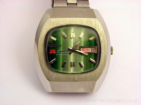 70s Watches: 70s Retro Ricoh Automatic Made in Japan with green Geneva stripe dial: 70swatches.blogspot.co.uk 70s Watch, Cdg Airport, Time Is Precious, Fancy Watches, Panerai Watches, Timex Watches, Old Watches, Watch This Space, Fine Watches