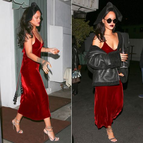 Velvet Slip Dress Outfit, Red Velvet Dress Outfit, Slip Dress Outfit Night, Rihanna Red Dress, Velvet Outfit Ideas, Rihanna Dress, Velvet Dresses Outfit, Long Velvet Dress, Velvet Outfit