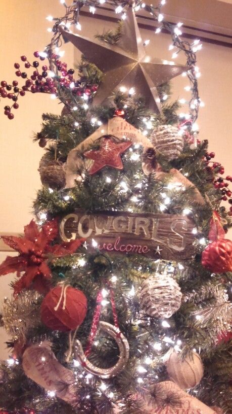 Cowgirl Christmas Tree Texas Christmas Tree Ideas, Western Tree Topper Ideas, Cowgirl Christmas Aesthetic, Western Christmas Tree Ideas, Cowgirl Christmas Tree, Cowboy Christmas Tree Ideas, Cowboy Christmas Tree, Texas Christmas Tree, Western Tree