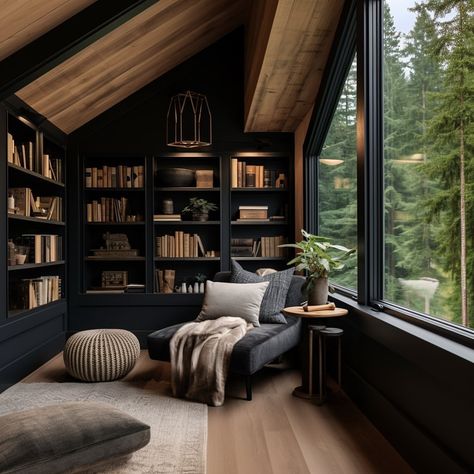 As the sun's gentle rays filter through the windows of the sleek black designed modern farmhouse, you settle into your cozy reading corner,… | Instagram Cabin Room, Mountain Vacation, Decor Western, Home Library Design, Cabin Living, Vacation House, Small Cabin, Interior Modern, Modern Cabin