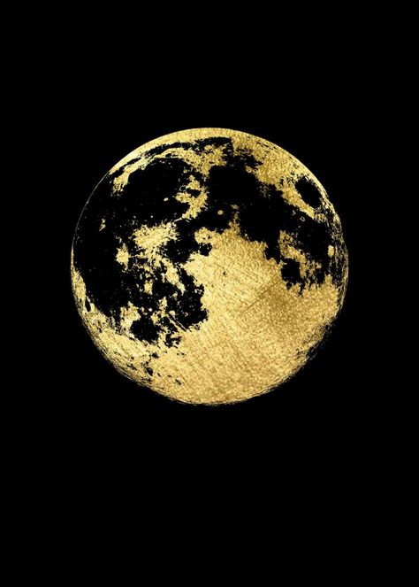 Gold Leaf Moon Painting, Black Gold Painting Canvas Art, Gold Moon Painting, Golden Moon Painting, Gold Moon Aesthetic, Gold And Black Painting, Werewolf Card, Gold Drawing, Moon Silhouette