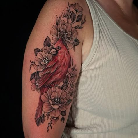 Cardinals And Flowers Tattoos, Cardinal With Sunflower Tattoo, Cardinal Half Sleeve Tattoo, Cardinal Shoulder Tattoos For Women, Cardinal And Flower Tattoo Sleeve, Memorial Cardinal Tattoo, Floral Cardinal Tattoo, Realistic Cardinal Tattoo, Cardinal With Flowers Tattoo