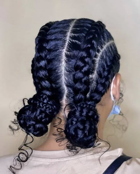 2 Feed In Braids With Curly Hair, Two French Braids With Buns At End, Braids To The Back With Two Buns, 3 Braid Hairstyles, Braided Two Buns For Black Hair, 2 French Braids Into Buns, Adult Natural Hairstyles For Black Women, Easy Braided Hairstyles Black Women, Gym Hair Black Women