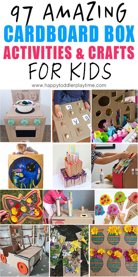 97 Cardboard Box Activities & Crafts for Kids - HAPPY TODDLER PLAYTIME Cardboard Box Activities, Recycled Crafts Kids Preschool, Cardboard Box Ideas, Bus Crafts, Box Activities, Cardboard Play, Cardboard Crafts Kids, Recycled Crafts Kids, Happy Toddler