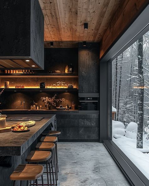 Black Cabin, Bergen, Norway by Soheil Ki|Visualization Mountain Homes Interiors, Paint Tile Floor, Mountain House Interior, Kitchen Wall Design, Modern Cabin Interior, House In Forest, Tall Shelf, Mountain Dream Homes, Mountain Home Interiors