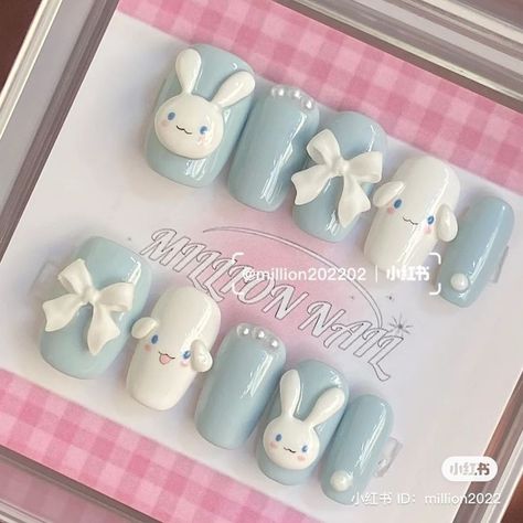 Kawaii 3d Nail Art, Cinnamoroll Nail Design, Cute Fake Nails Designs, Cute Nails Sanrio, Sanrio Gel Nails, Cinamoroll Nails Simple, Cinnamonroll Nails Designs, 3d Kawaii Nails, Cinamoroll Nail