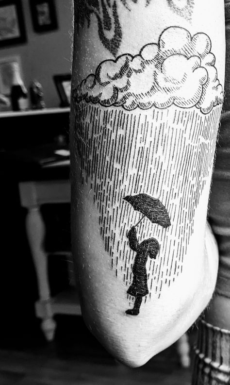 Umbrella Storm Tattoo, Standing In The Rain Tattoo, Rain Puddle Tattoo, Rain Tattoo Sleeve, Black Umbrella Tattoo, Raining Cloud Tattoo, Rain Clouds Tattoo, Rain Tattoo Ideas Storms, Moon And Rain Tattoo