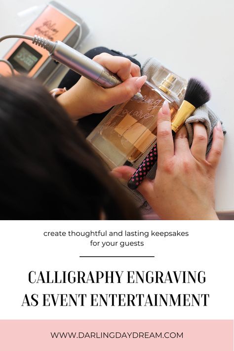 A set of hands, one hand holding a drill bit, and the other holding a makeup brush, engraving on a pink tinted perfume bottle. The engraving says "darling you are magic". In the background is a drill unit with "darling daydream" etched into it. Branded Mugs, Glass Engraving, Experiential Marketing, Custom Calligraphy, Promotional Materials, Design Boards, Brand Shoot, Event Entertainment, Wedding Calligraphy