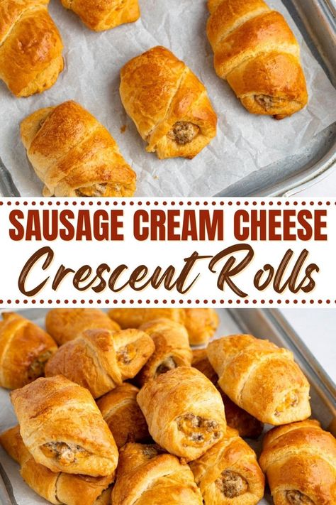 these sausage cream cheese crescent rolls are so addictive! With only 4 ingredients and 20 minutes of prep time, these cheesy, delicious appetizers couldn't be easier. Sausage Cream Cheese Crescent Rolls, Roll Appetizers, Sausage Crescent, Sausage Crescent Rolls, Sausage Crescents, Recipes Using Crescent Rolls, Crescent Roll Appetizers, Sausage Cream Cheese, Simple Appetizer