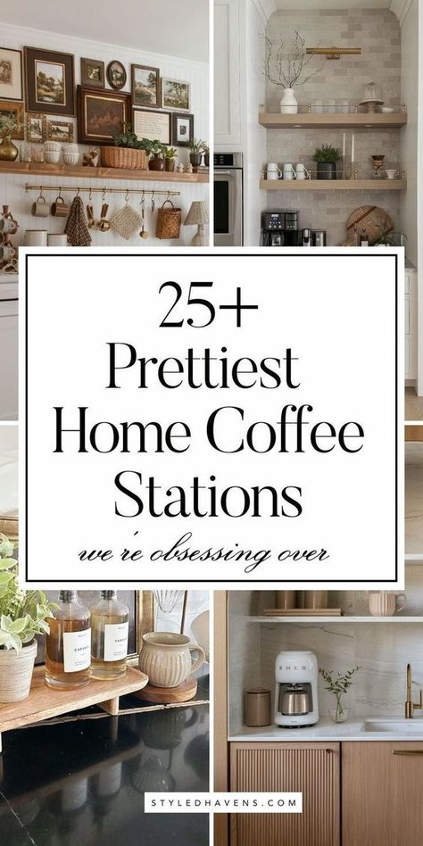 Searching for cute kitchen decor for your home coffee bar? These elegant coffee bar ideas are literally *so-good* and hand-picked - whether you're looking more for small coffee bar ideas, or cute corner coffee bar ideas, these home coffee bar designs will be sure to inspire you! (SAVE to your KITCHEN IDEAS board for later!) Living Room Coffee Station, Tea Bar Ideas Kitchen Counter, Coffee Pot On Counter Ideas, Bar And Coffee Station Ideas, Coffee Bar Organization Ideas, Coffee Bar Set Up, Coffee And Wine Station, Coffee Station Corner, Elegant Coffee Bar Ideas