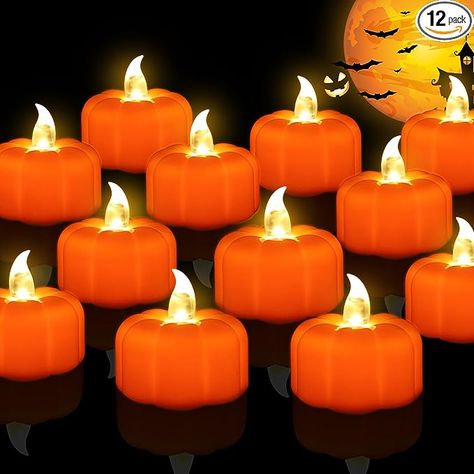 Halloween Pumpkin Tea Lights, 12 Pack LED Orange Pumpkin Lights Flameless Candles Battery Operated Yellow Led Lights, Indoor Party Decor, Décoration Table Halloween, Random Stuff To Buy, Pumpkin Shapes, Pumpkin Tea Lights, Outdoor Fall Decor Ideas, Thanksgiving Candles, 3d Pumpkin