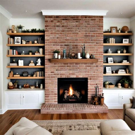 40 Brick Fireplace Ideas To Cozy up Your Home Renovate Brick Fireplace, Removing Paint From Brick Fireplace, Fireplace Wall Ideas Brick, Brick Fireplace Makeover With Built Ins, Fireplace Area Ideas, Brick Fireplace Bookshelves, Living Room Ideas No Fireplace, Fo Fireplace, Tv Next To Fireplace Ideas