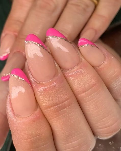 25 Hot Pink French Tip Nails Perfect for the Summer Season - Nail Designs Daily Hot Pink French Tip Nails With Flower, Barbie Pink And Black Nails, Nail Inspo Trendy Summer 2024, Nails For Hot Pink Dress Prom, Nails For A Pink Dress, Hot Pink Homecoming Nails, Hot Pink Wedding Nails, Hot Pink Hoco Nails, Dark Pink French Tip Nails