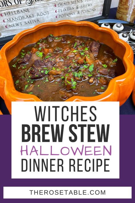 Soup For Halloween Party, Witch’s Brew Stew, Witches Brew Stew Crock Pot, Witch Soup Recipe, Witches Stew Recipe, Halloween Soup Ideas, Halloween Movie Night Food, Witch Stew, Witches Brew Stew