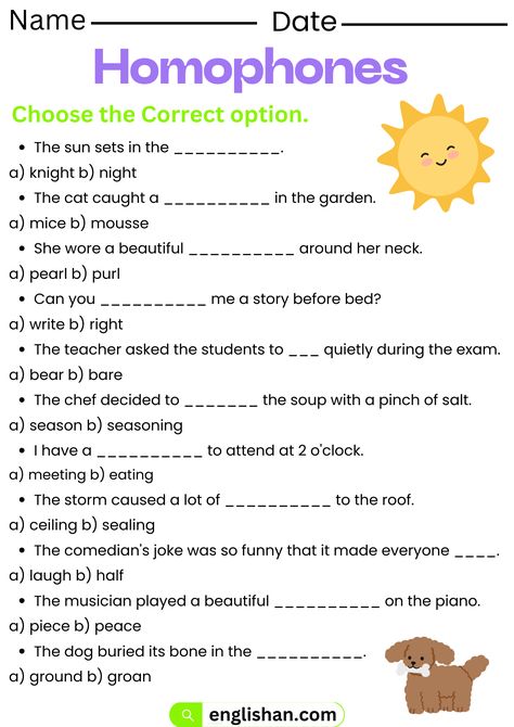 Homophones Worksheets in English Homophones Worksheets For Grade 2, Homophones Worksheets For Grade 3, Grade 4 English Worksheets Activities, Grade 7 English Worksheets, 4th Grade English Worksheets, 3rd Grade English Worksheets, Homonyms Worksheet, Homophones Activities, 3rd Grade Spelling Words