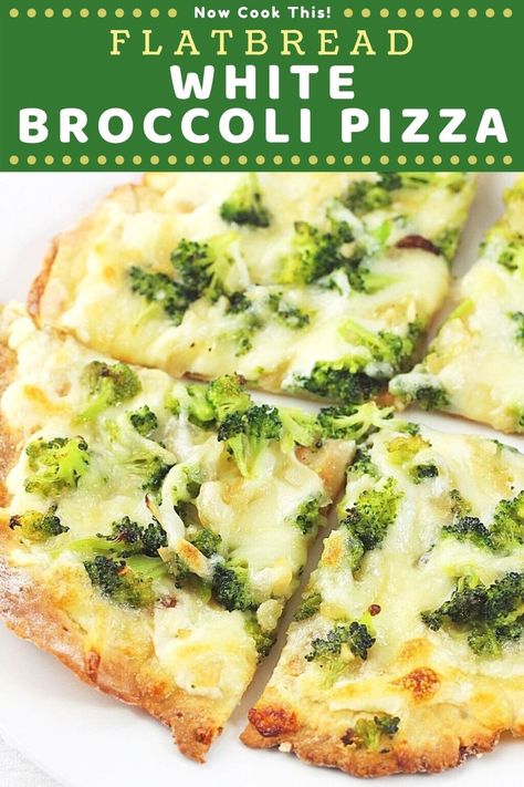 Flatbread White Broccoli Pizza is ready in just 30 minutes and is an easy, delicious meatless meal that's perfect for lunch or dinner any day of the week. Store-bought or homemade flatbread is topped with ricotta, parmesan, and mozzarella cheeses, and a super tasty mixture of broccoli, onions, and garlic. Flatbread White Pizza, Broccoli Cheddar Pizza, White Garlic Broccoli Pizza, White Pizza With Broccoli, White Broccoli Pizza, Ricotta Flatbread Pizza, Broccoli Pizza Recipe, Broccoli Flatbread, Meatless Pizza